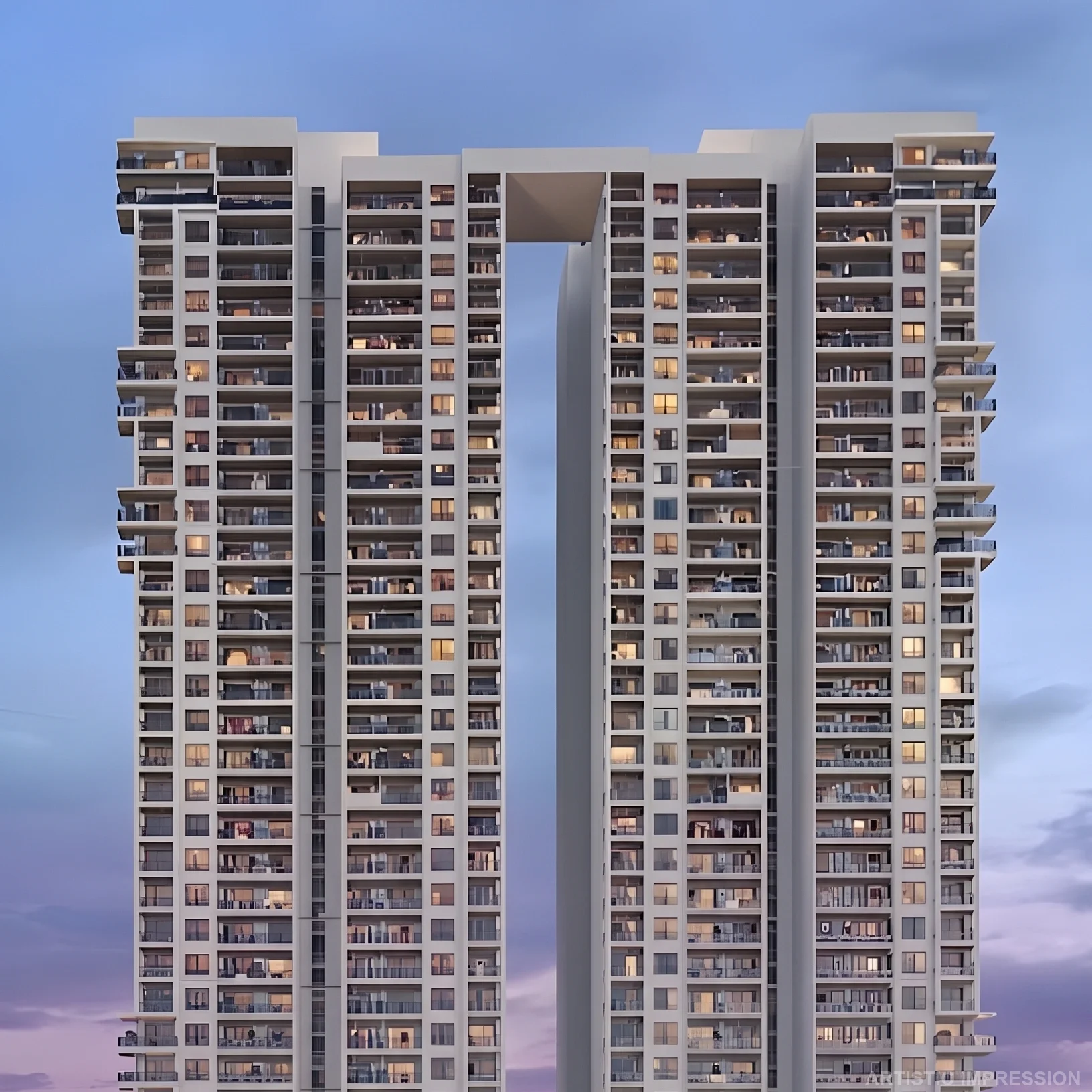 Contemporary twin residential towers with iconic sky bridge architecture at Birla Pravaah
