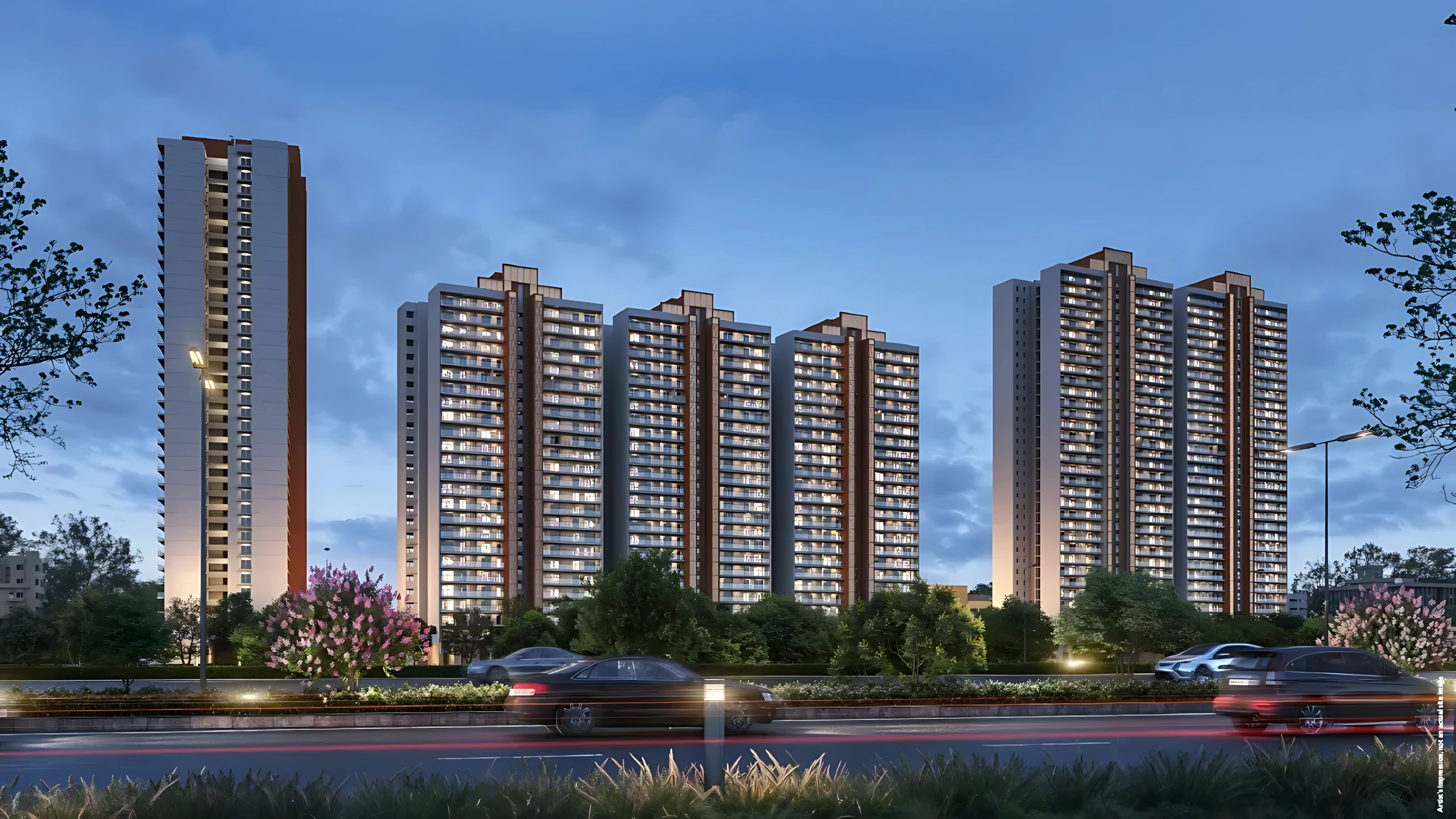 Contemporary residential community with landscaped gardens and open recreational spaces