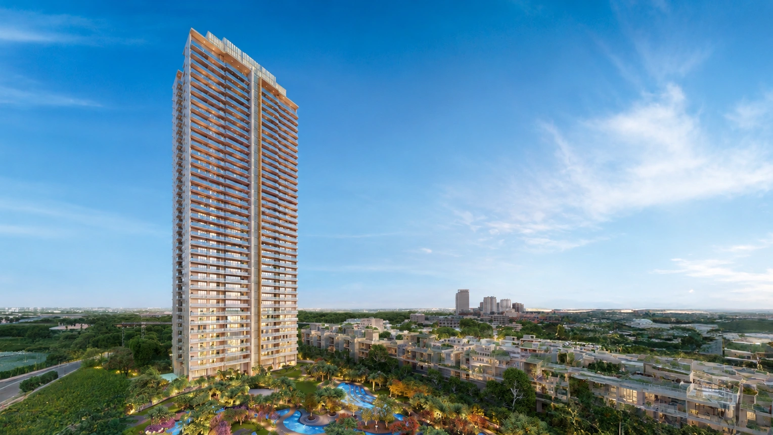 Luxury residences overlooking water features and landscaped greens at Godrej Riverine Noida