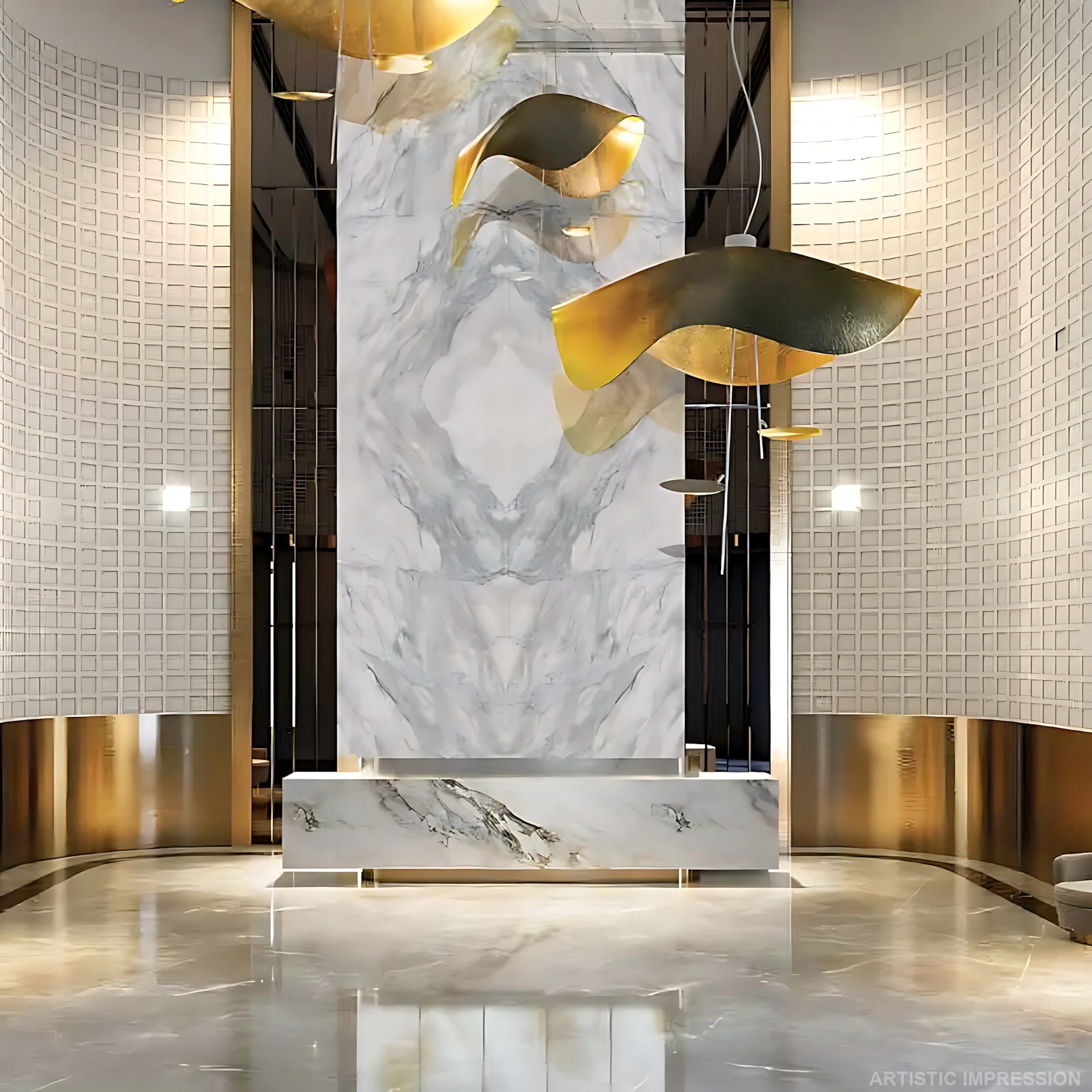 Grand arrival experience at M3M Mansion with imported marble lobby and designer landscape