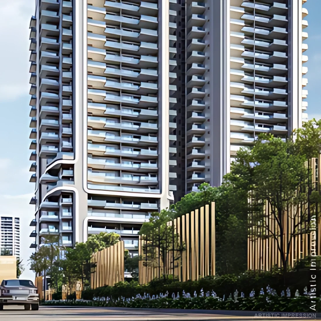 Resort-style swimming pool with luxury residential towers at Smartworld One DXP