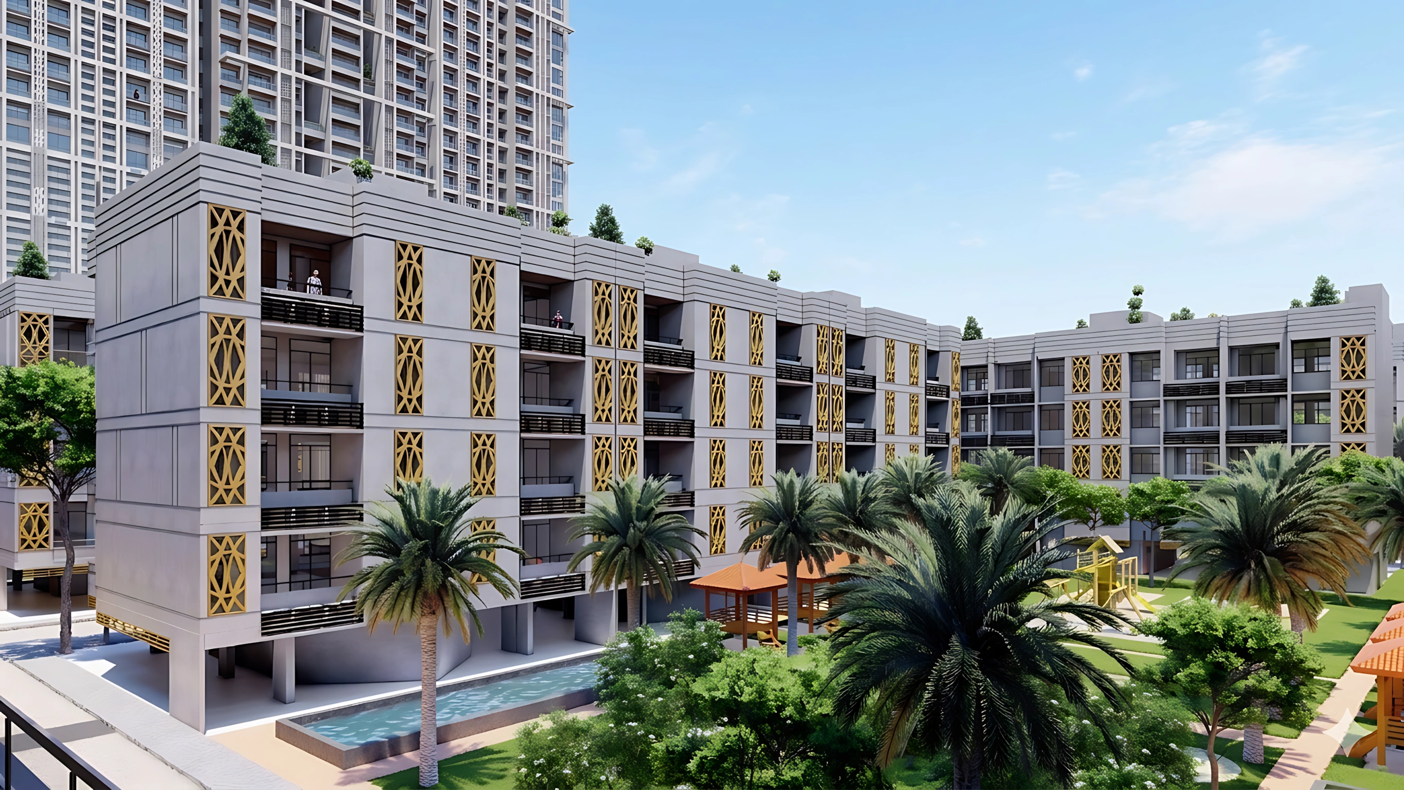 Luxury townhouses with landscaped streets and low-density residential planning